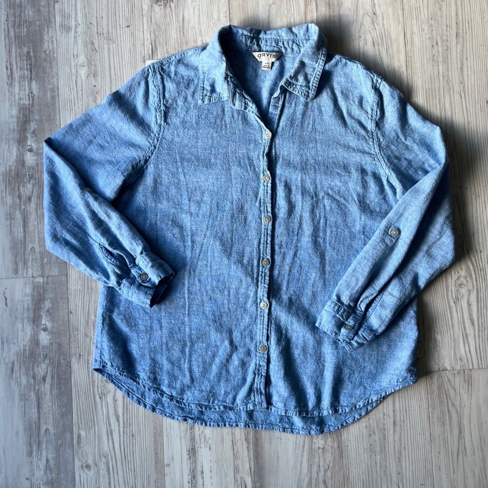 Orvis Classic Collection Blue Linen Rayon Button Down Shirt Men's‎ L 1588920